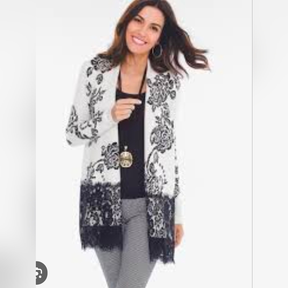 New Chico's Women's Long Cardigan Sweater Black & White Lace Fringe Size 3